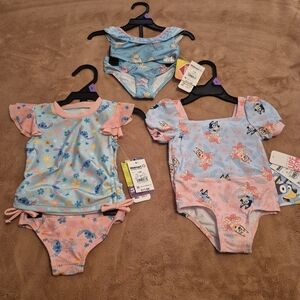 NWT Lot Of 3 Baby Girls Bathing Suits Swimwear Size 12M, Bluey, Stitch